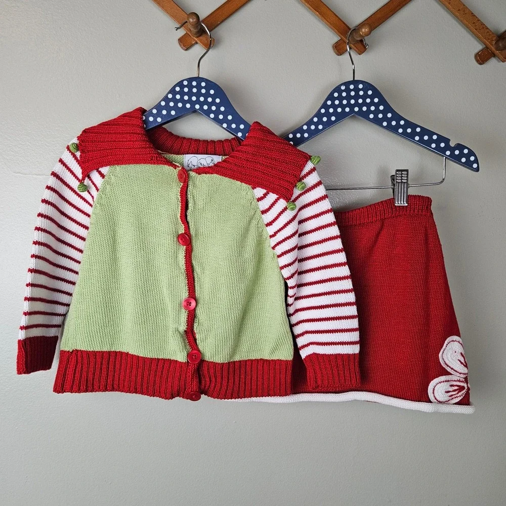 Zackali 4 Kids Sweater Skirt Cardigan Set Holiday Sz 3/4‎ Red Lime Green Flower